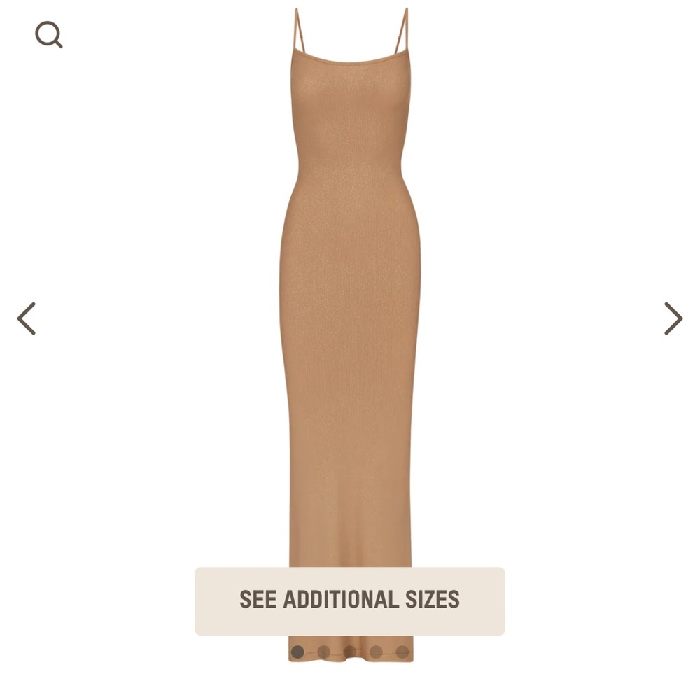 NWT SKIMS SOFT LOUNGE SHIMMER LONG SLIP DRESS | CAMEL